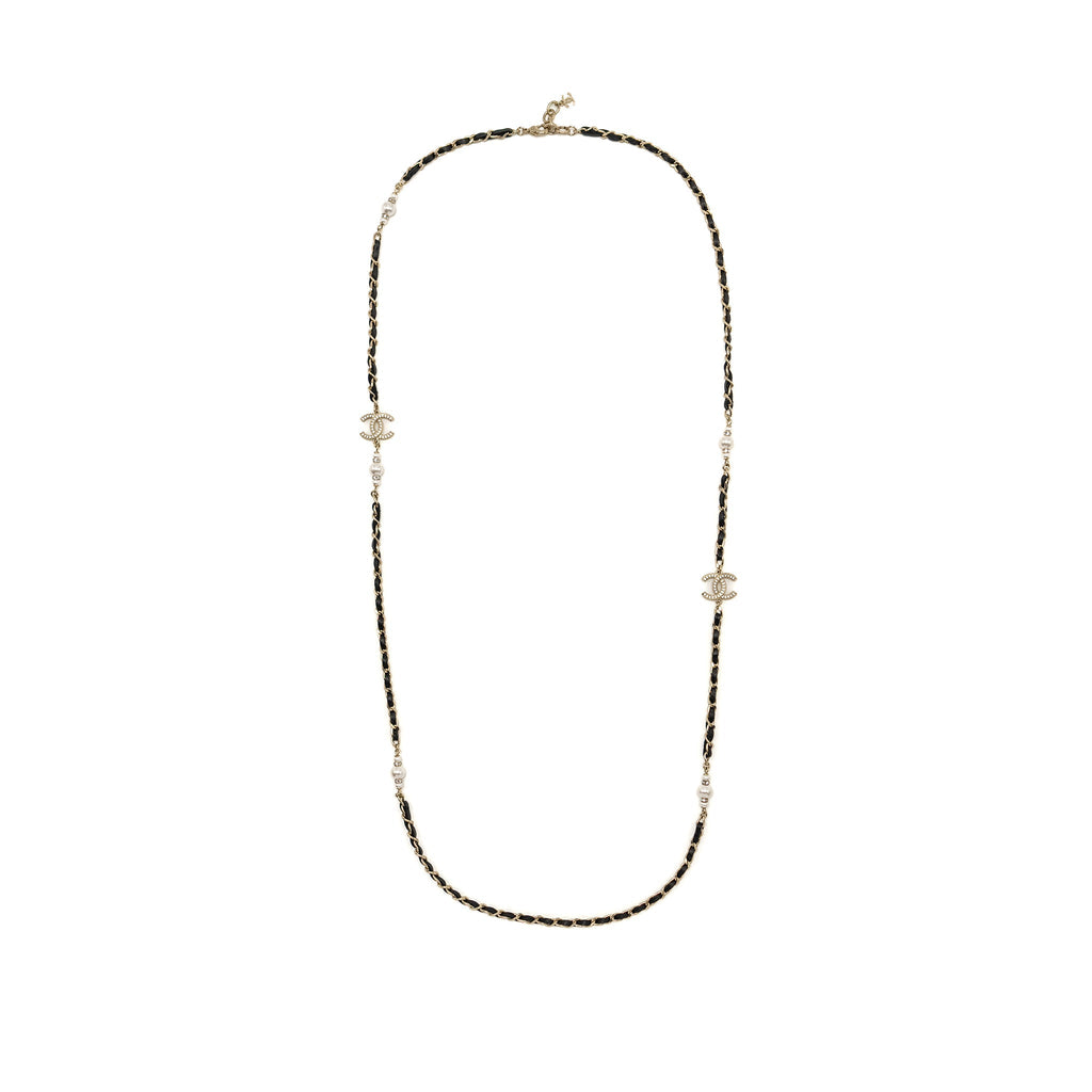 CHANEL LEATHER CHAIN/CC LOGO/CRYSTAL LONG NECKLACE LIGHT GOLD TONE