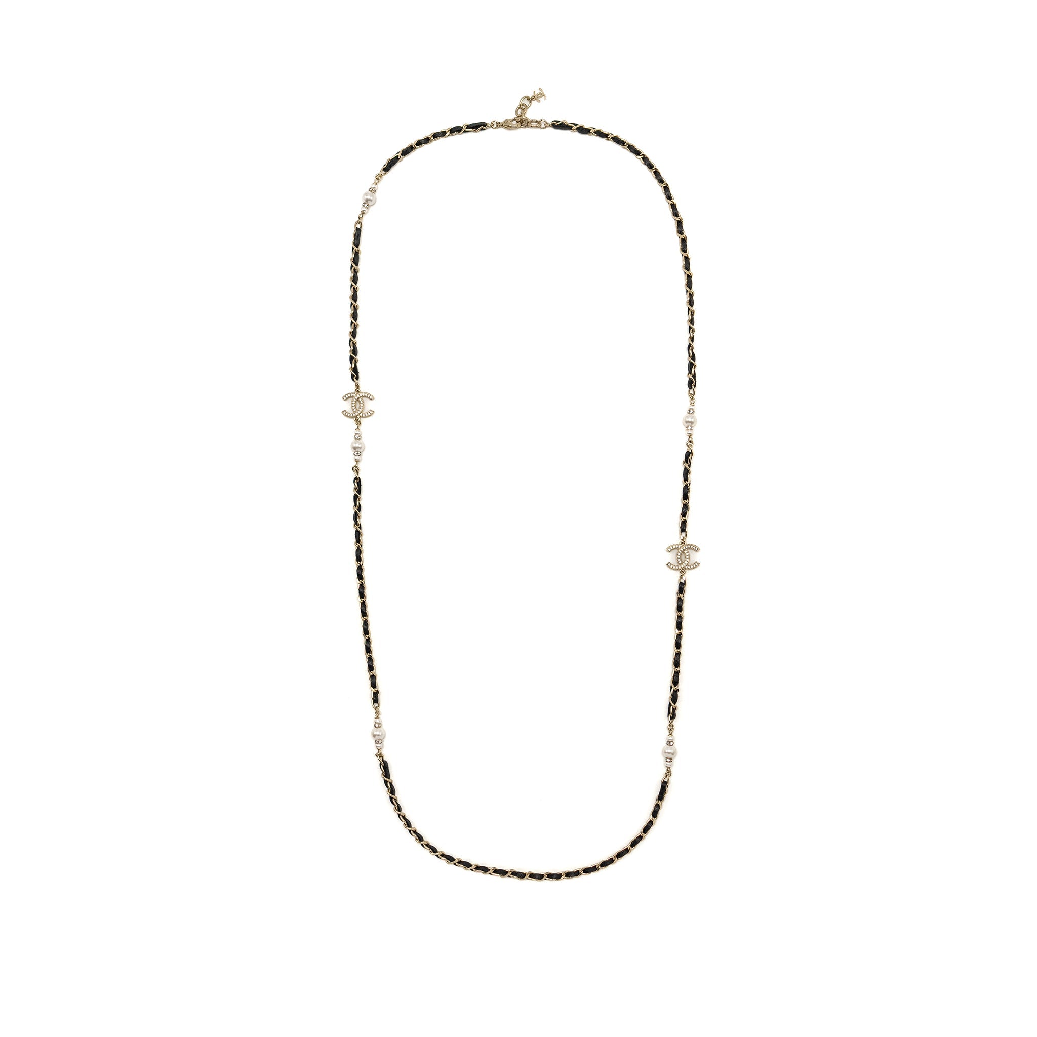 CHANEL LEATHER CHAIN/CC LOGO/CRYSTAL LONG NECKLACE LIGHT GOLD TONE