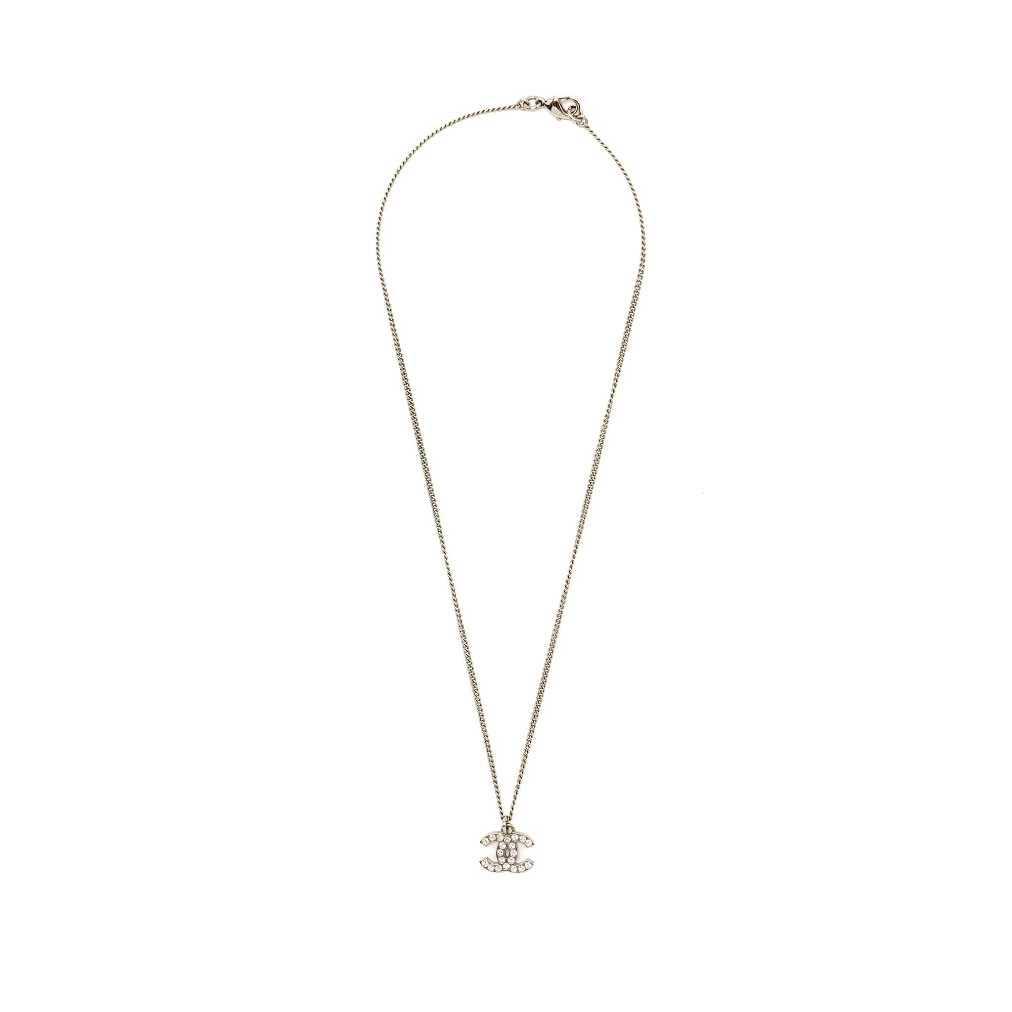 CHANEL CC LOGO NECKLACE CRYSTAL SILVER TONE