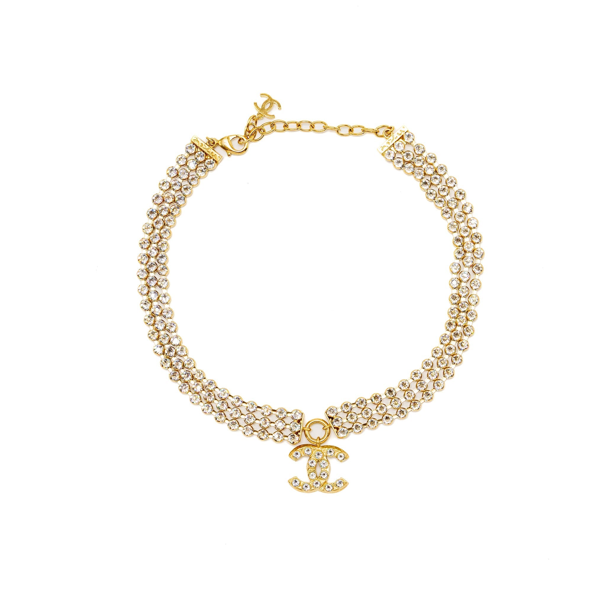 CHANEL CC LOGO AND CRYSTAL CHOCKER GOLD TONE