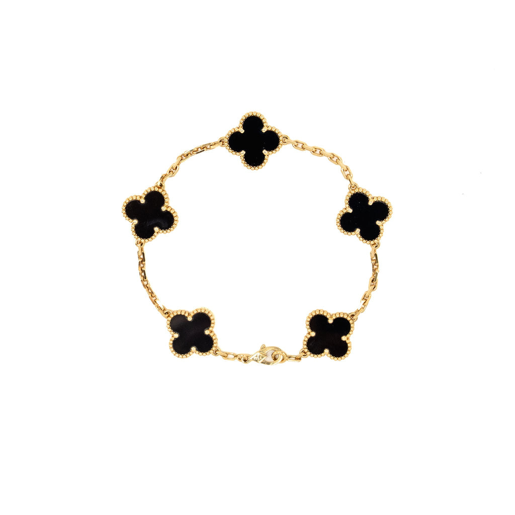 VAN CLEEF & ARPELS VINTAGE ALHAMBRA 5-MOTIF BRACELET YELLOW GOLD, ONYX