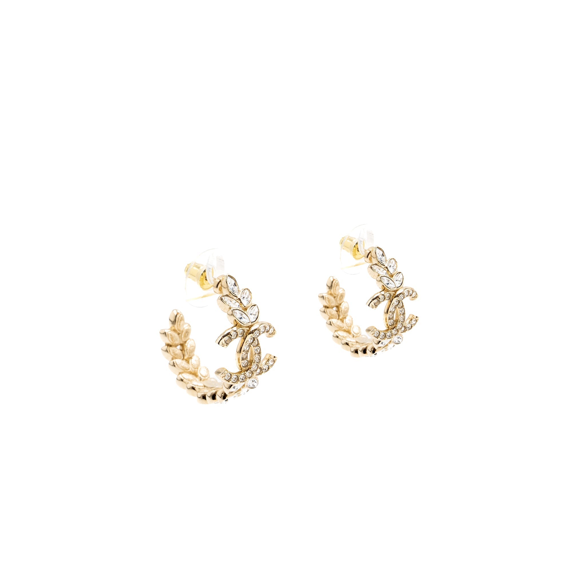 CHANEL CC LOGO SMALL HOOP EARRINGS WITH CRYSTAL LIGHT GOLD TONE