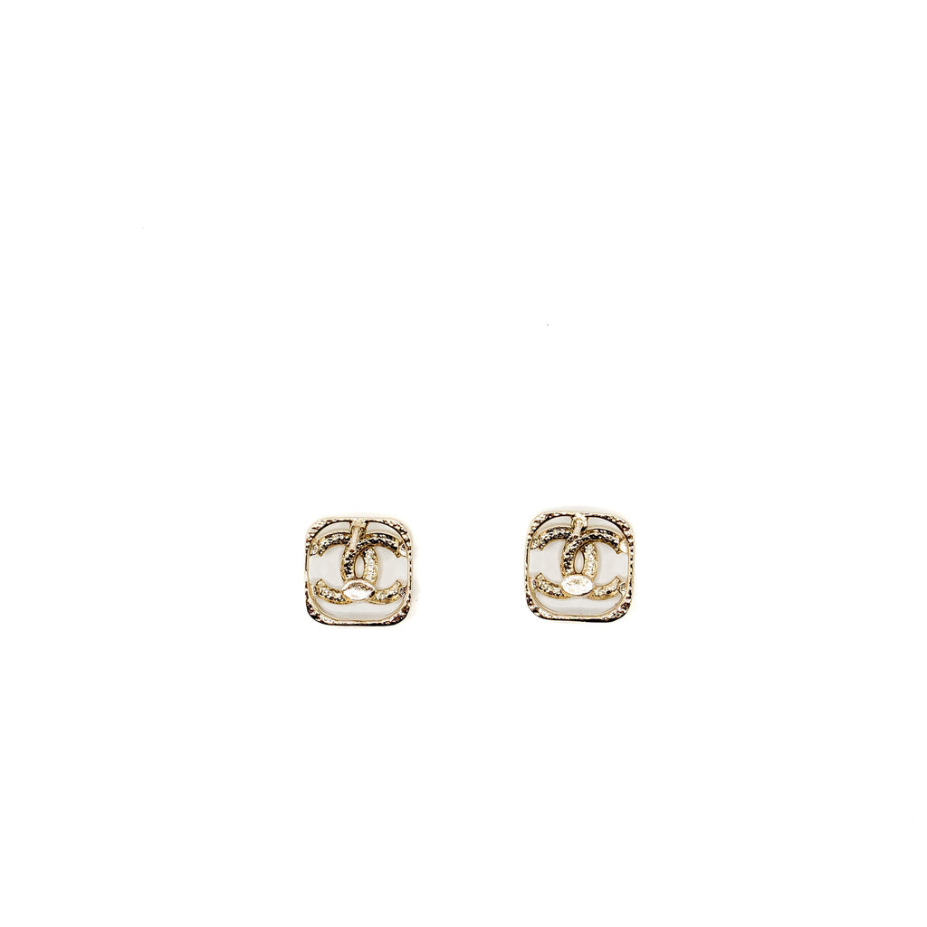CHANEL SQUARE CC LOGO EARRINGS CRYSTAL LIGHT GOLD TONE