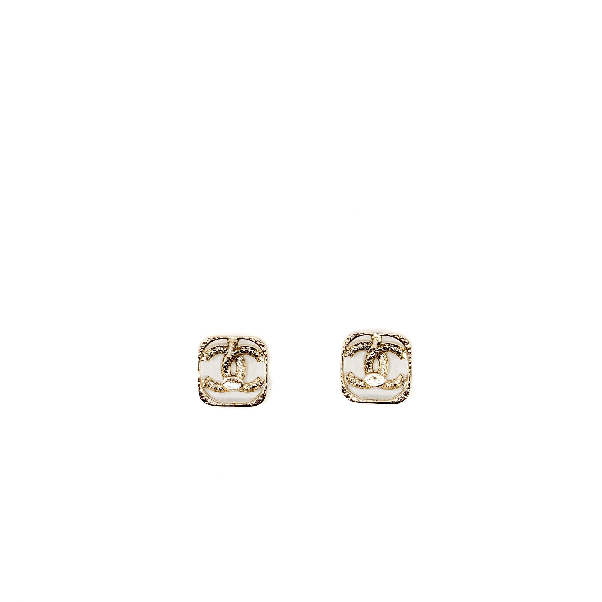 CHANEL SQUARE CC LOGO EARRINGS CRYSTAL LIGHT GOLD TONE