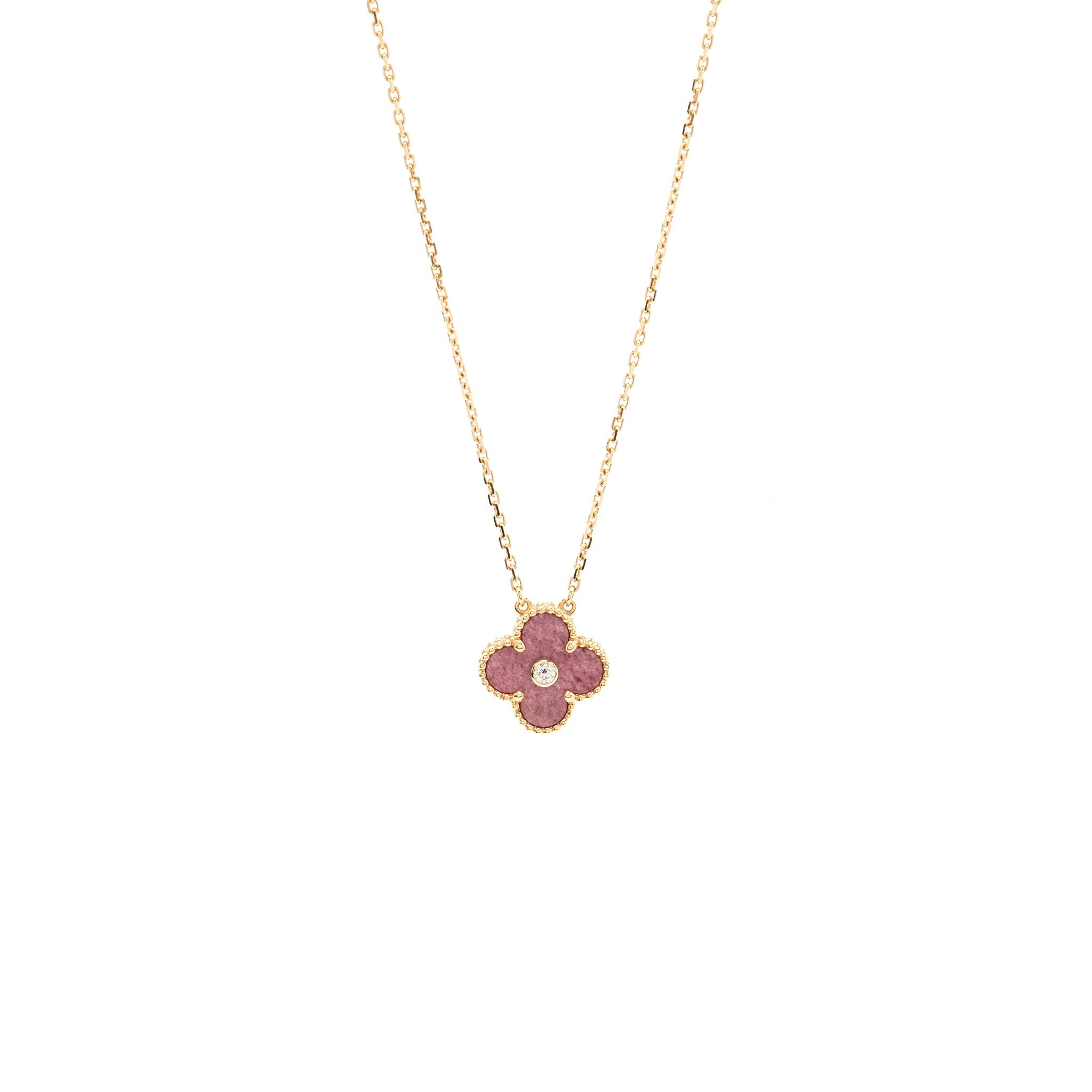 VAN CLEEF AND ARPELS 2021 HOLIDAY LIMITED VINTAGE ALHAMBRA PENDANT, ROSE GOLD/DIAMOND/RHODONITE
