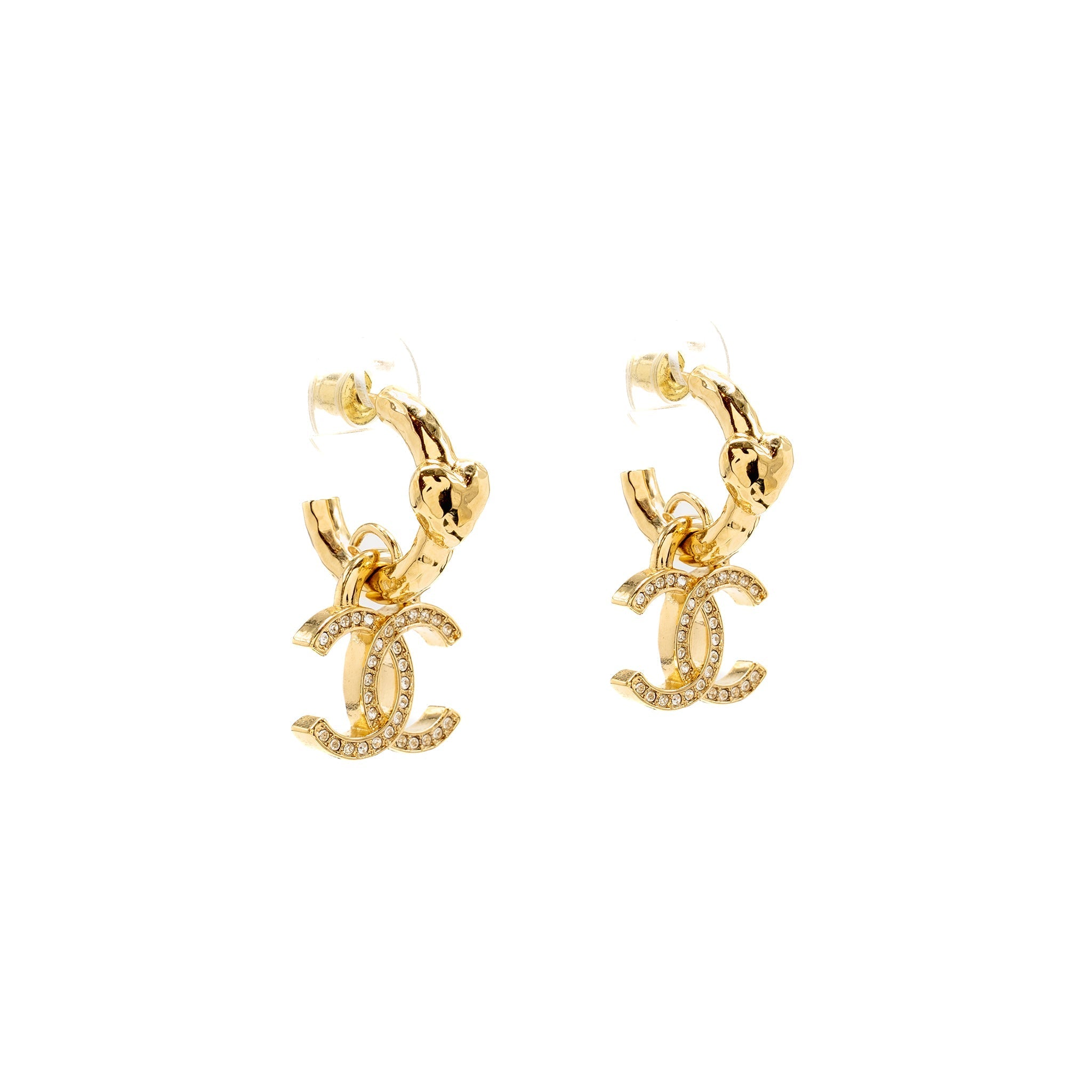 CHANEL CC DROP HEART HOOP EARRINGS CRYSTAL GOLD TONE