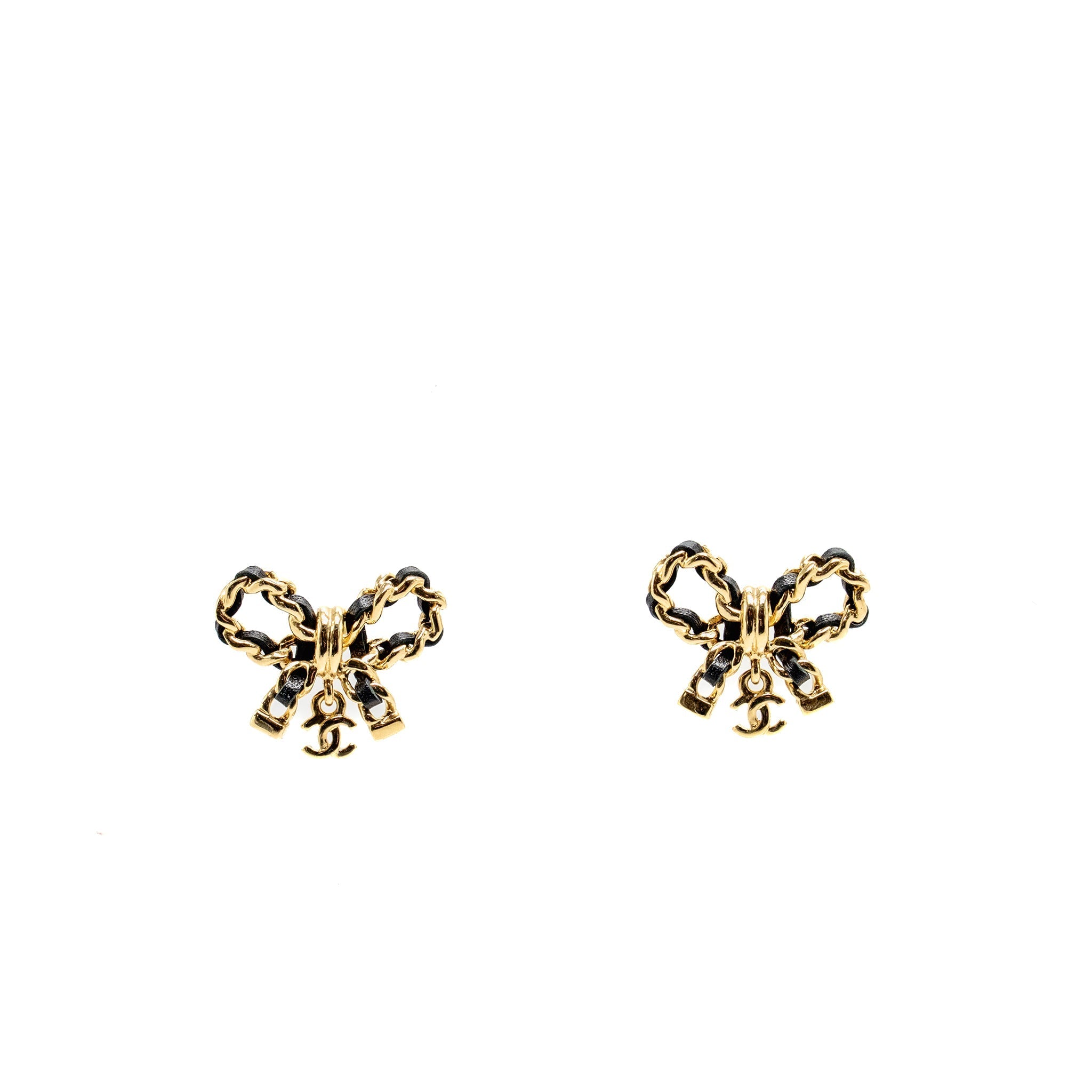 CHANEL LEATHER WEAVE BOW EARRINGS BLACK GOLD TONE
