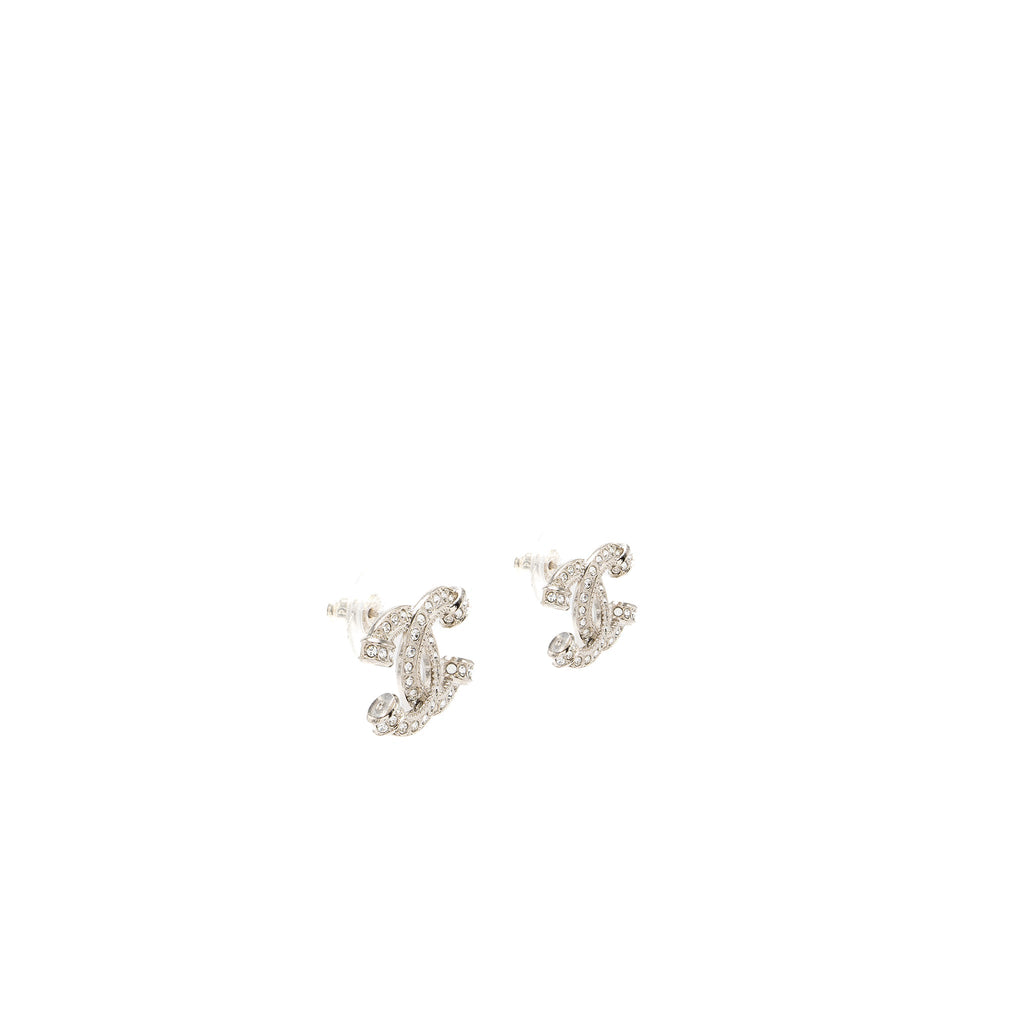 CHANEL KNOT CC LOGO EARRINGS CRYSTAL SILVER TONE