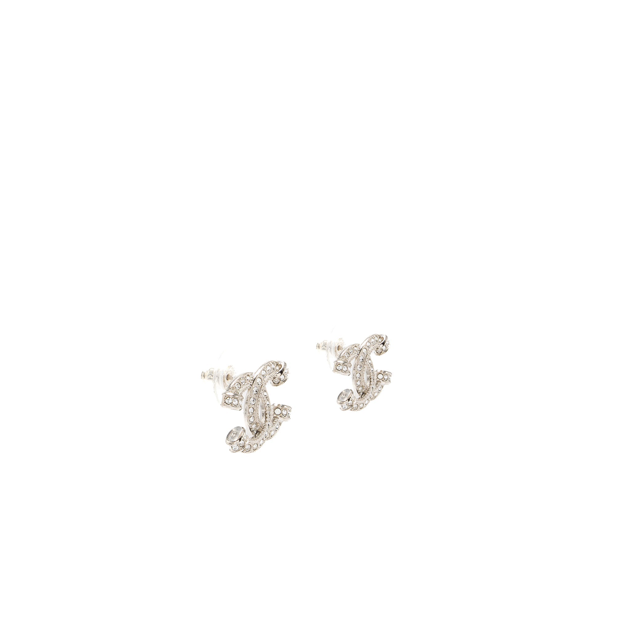 CHANEL KNOT CC LOGO EARRINGS CRYSTAL SILVER TONE