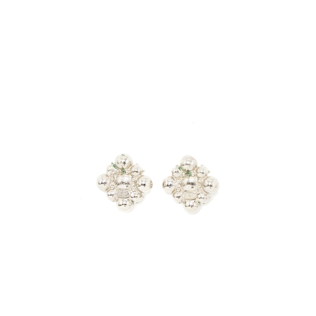 CHANEL QUILTED EARRING CRYSTAL SILVER TONE