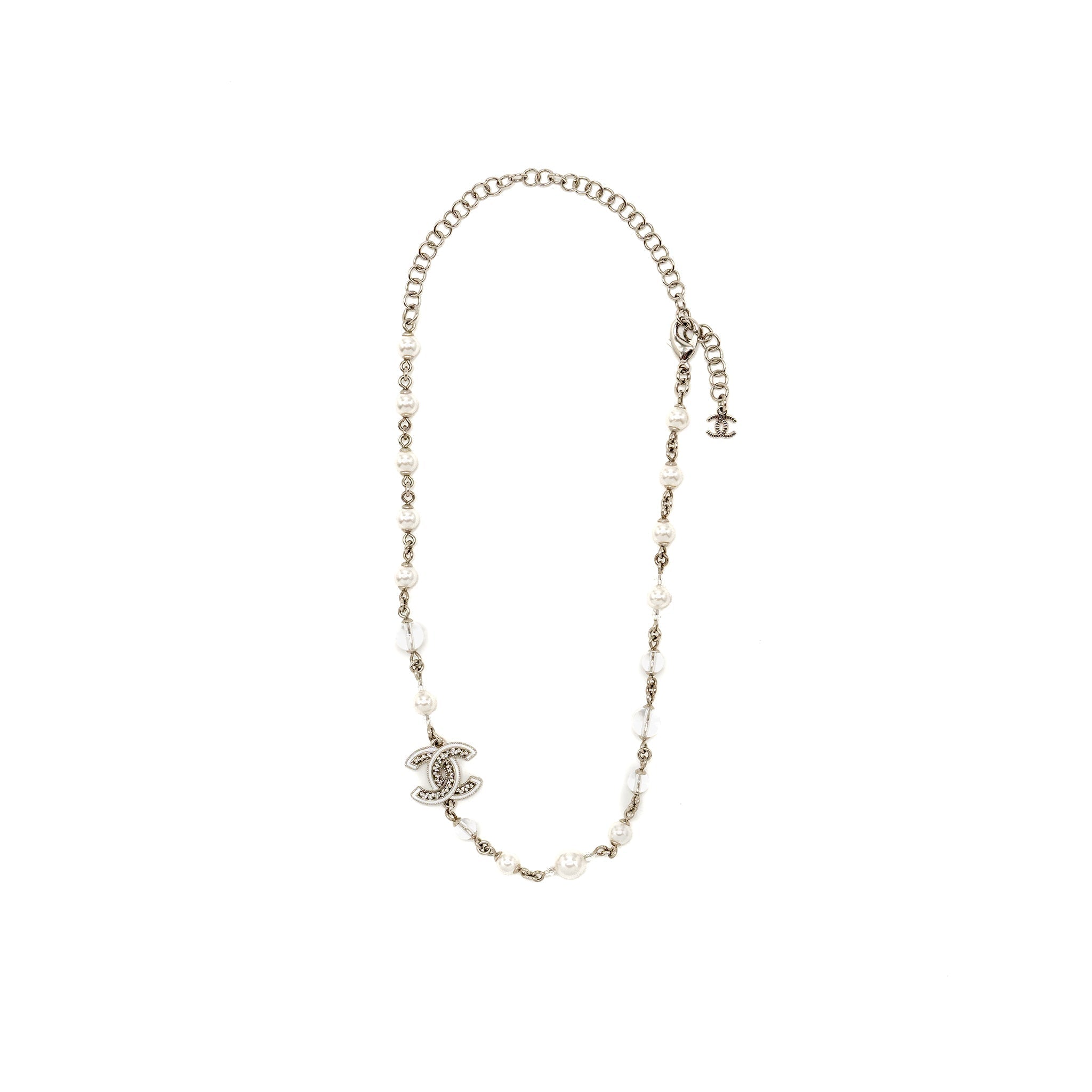 CHANEL CC LOGO NECKLACE METAL, PEARL, CRYSTAL SILVER TONE