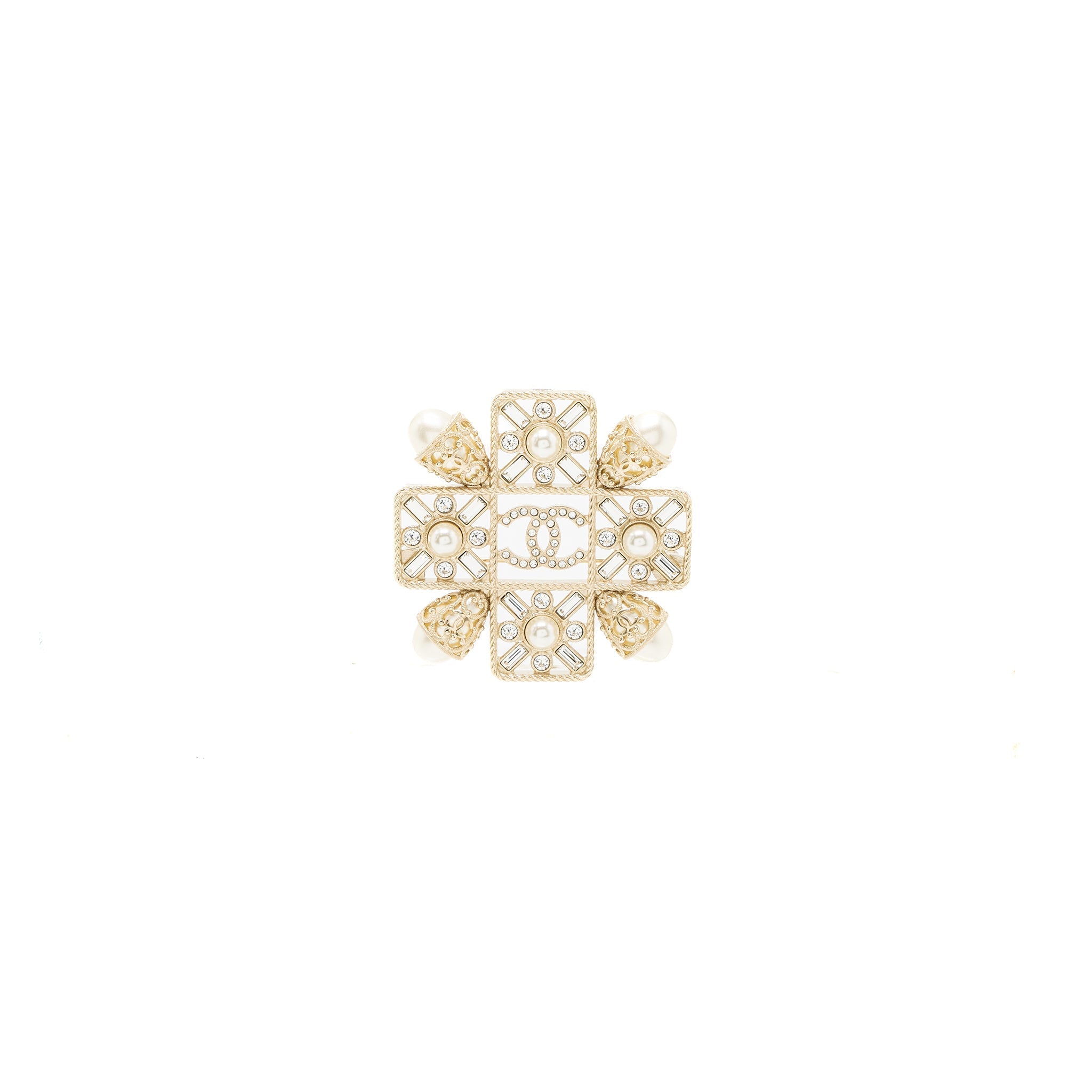 CHANEL CC LOGO SQUARE BROOCH WITH PEARL / CRYSTAL LGHW