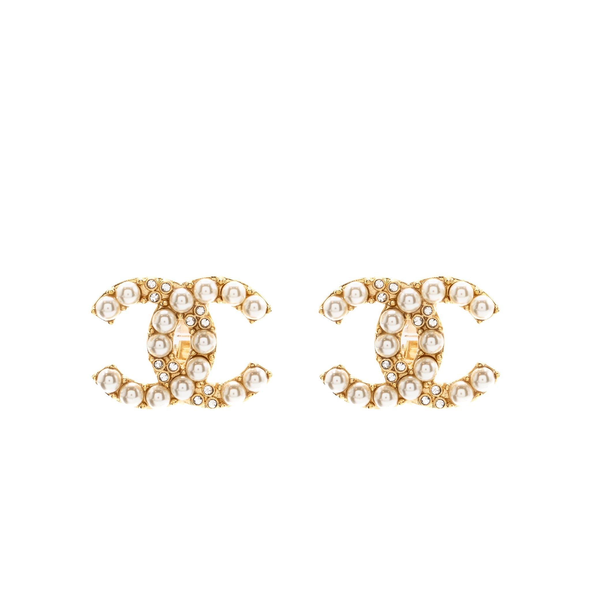 CHANEL PEARL&CRYSTAL CC LOGO EAR CLIPS GOLD TONE