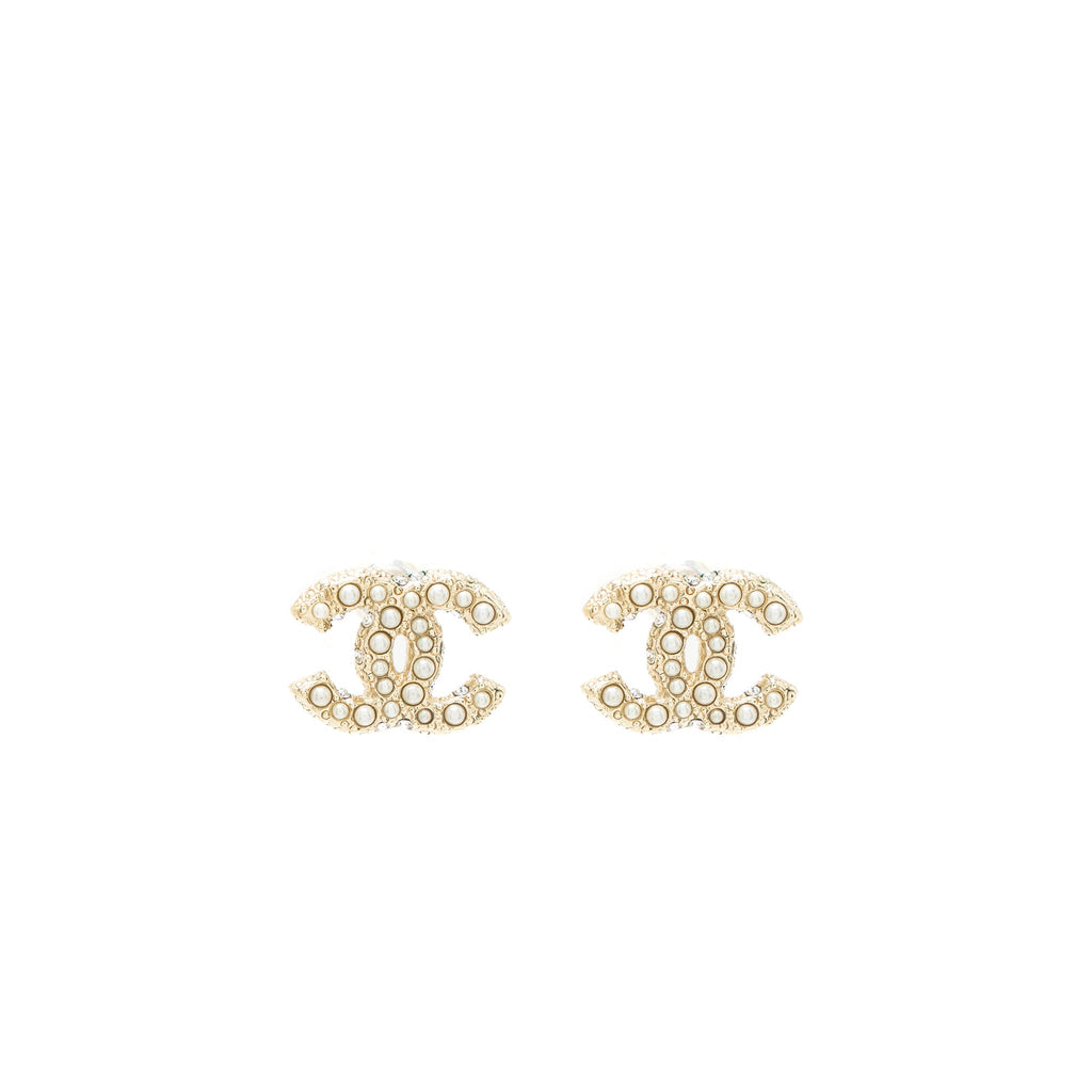 CHANEL CLASSIC MINI CC LOGO EARRINGS PEARL/CRYSTAL LIGHT GOLD TONE