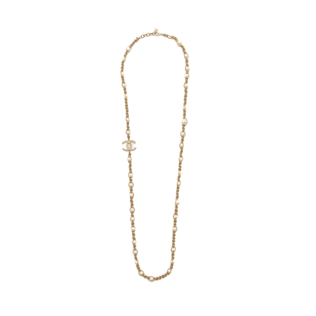 CHANEL LONG NECKLACE PEARL/CC LOGO CRYSTAL GOLD TONE