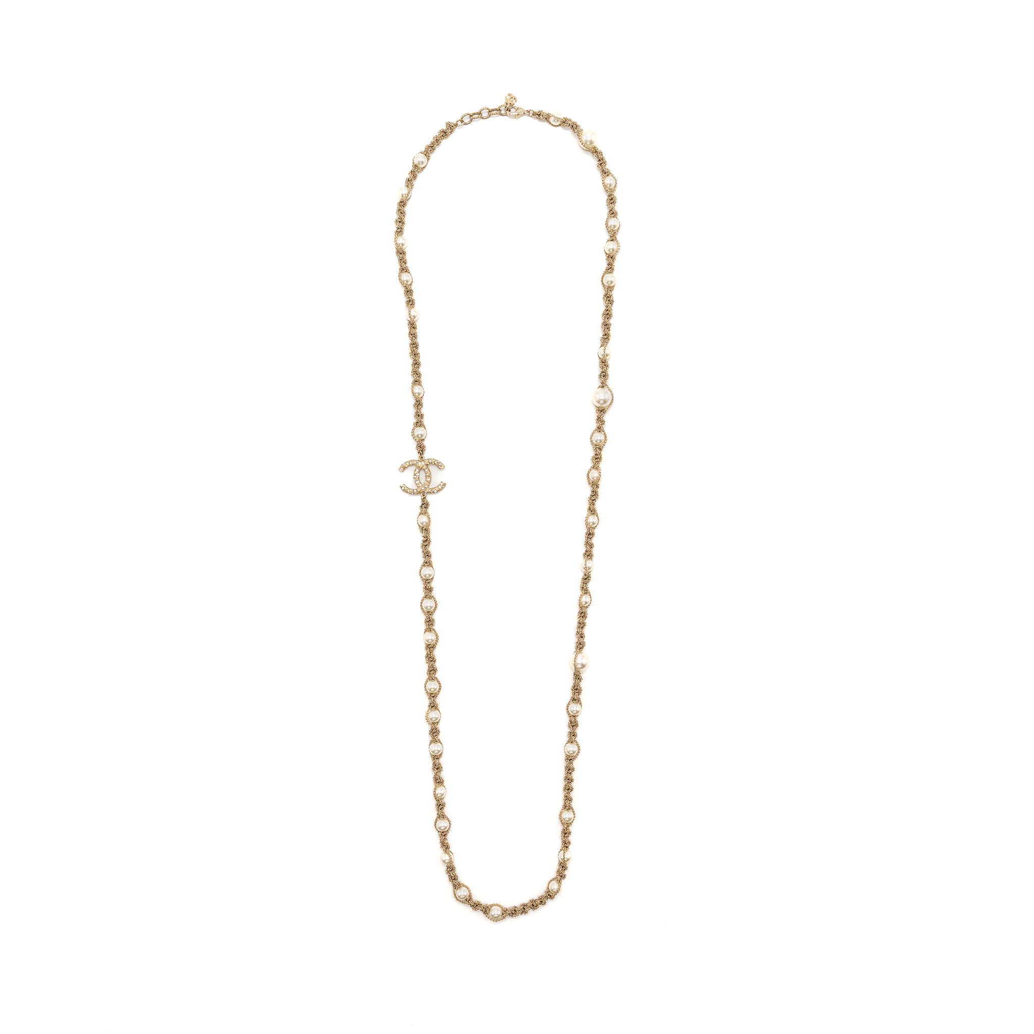 CHANEL LONG NECKLACE PEARL/CC LOGO CRYSTAL GOLD TONE