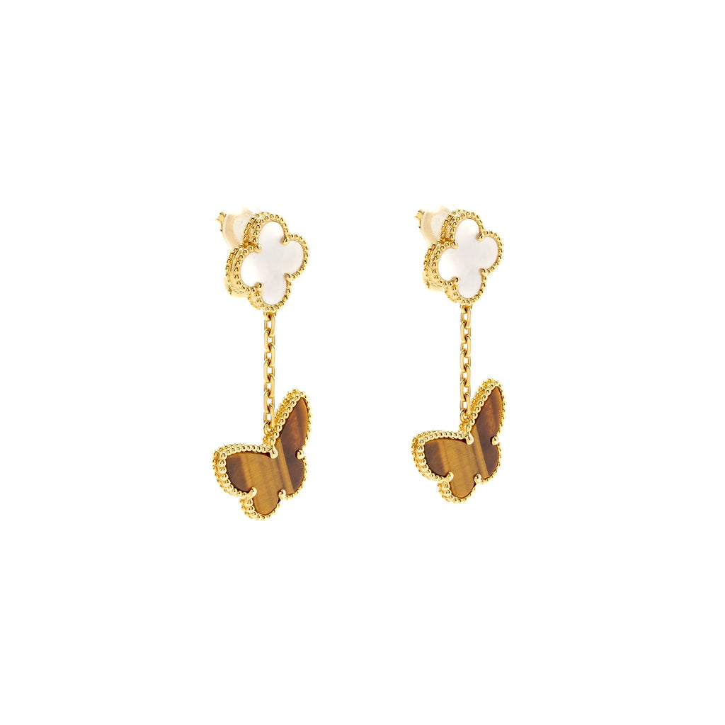 VAN CLEEF & ARPELS LUCKY ALHAMBRA 2-MOTIF EAR CLIPS YELLOW GOLD, WHITE MOTHER OF PEARL, TIGER’S EYE