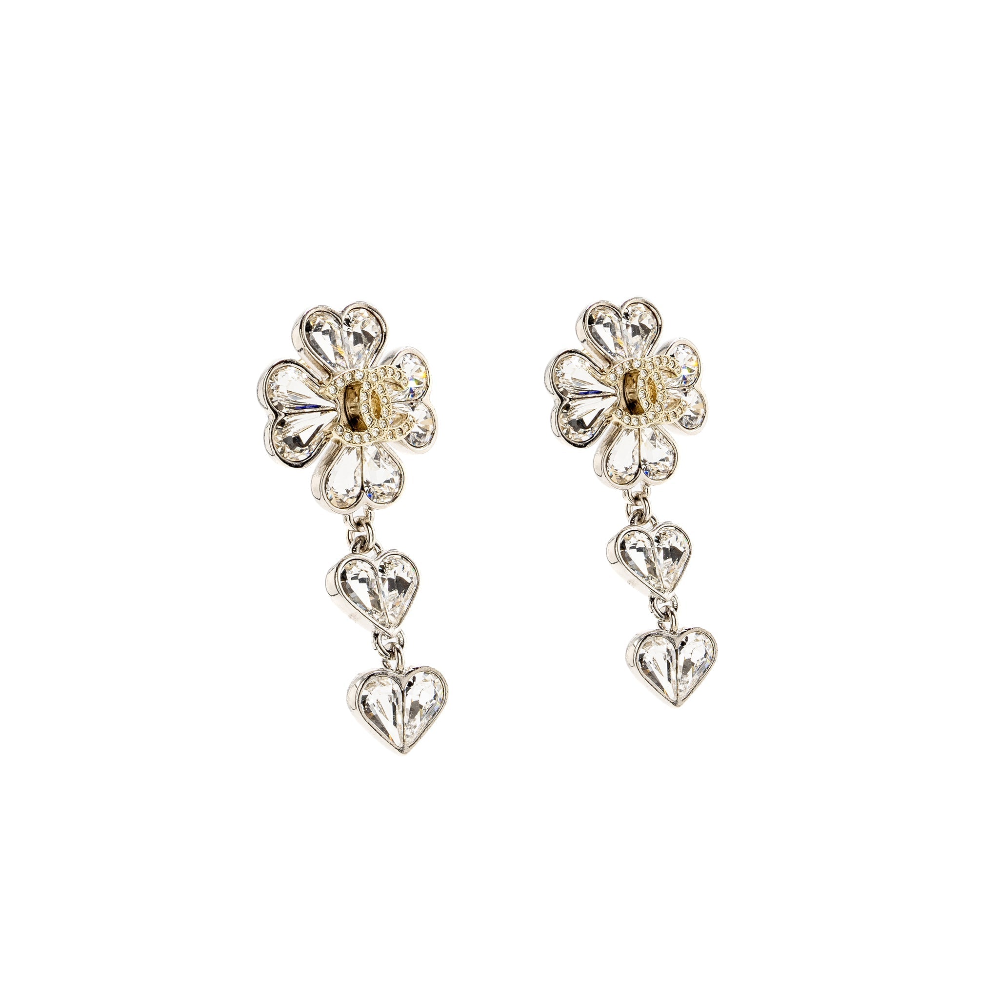 CHANEL CC CLOVER HEART DROP EARRINGS CRYSTAL SILVER TONE