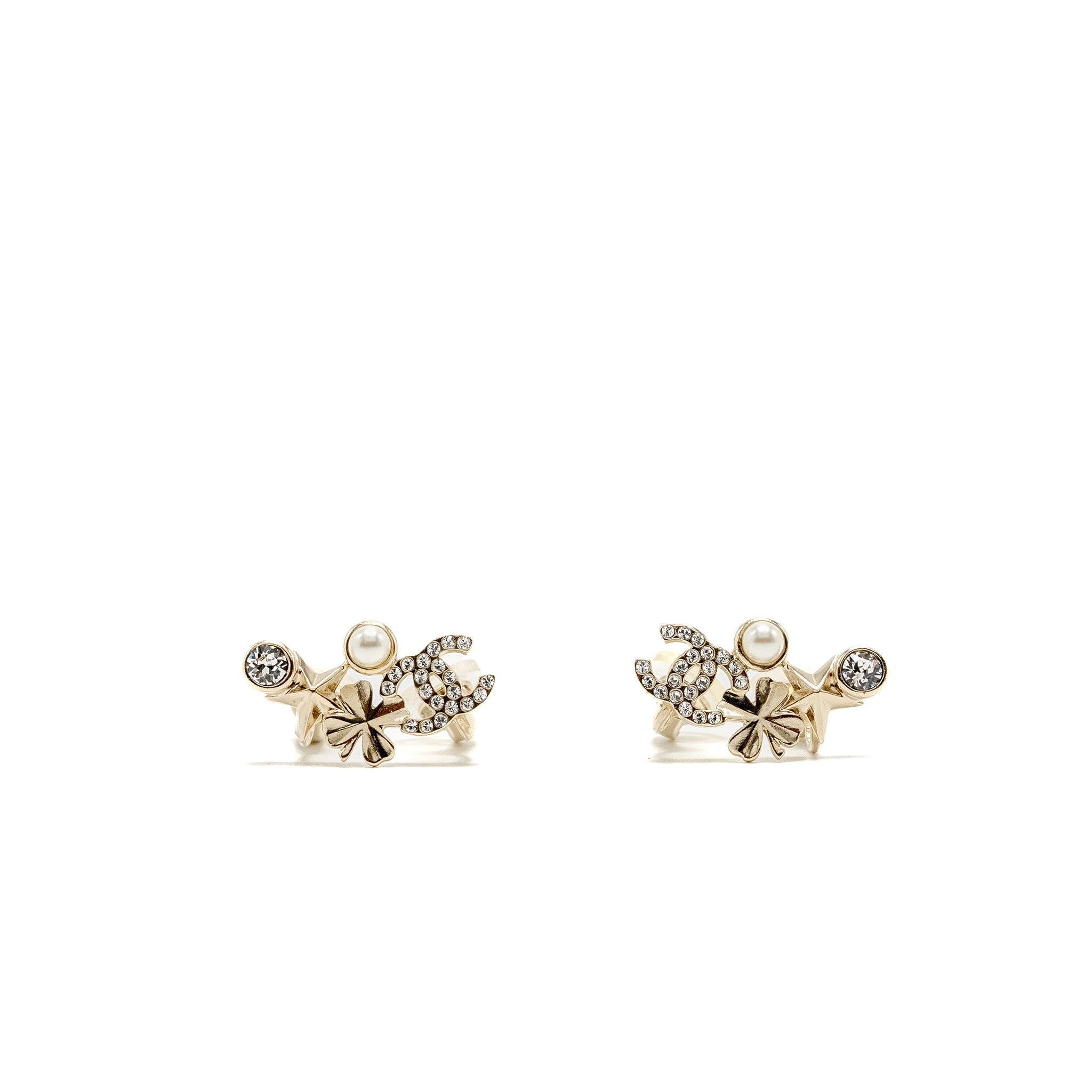 CHANEL CC LOGO FLOWER EAR CLIPS CRYSTAL/PEARL LIGHT GOLD TONE