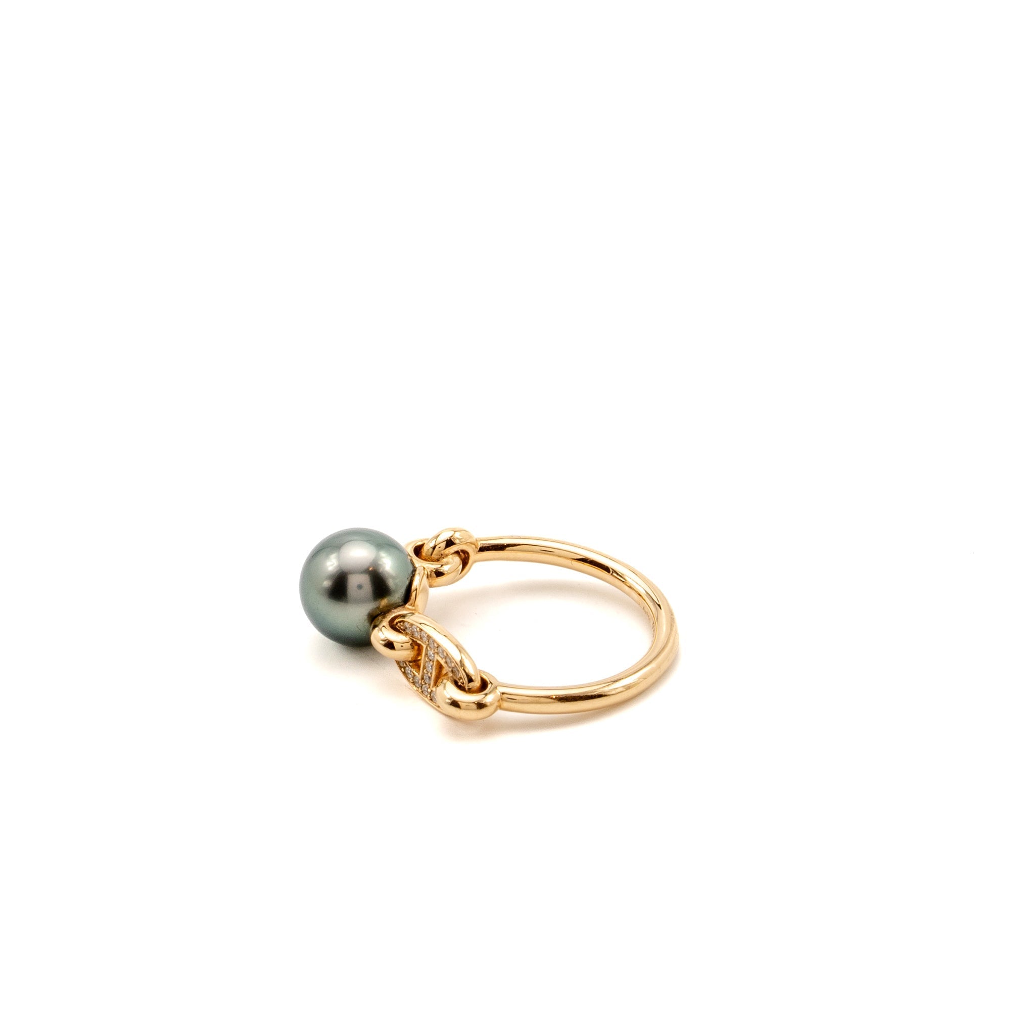 HERMES ALBERTINE CHAIN D’ANCRE RING 18K ROSE GOLD/ DIAMONDS/ TAHITIAN BLACK PEARL