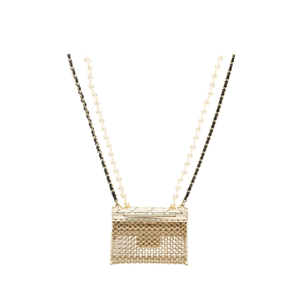 CHANEL MICRO BAG NECKLACE PEARL/ LEATHER CHAIN LGHW