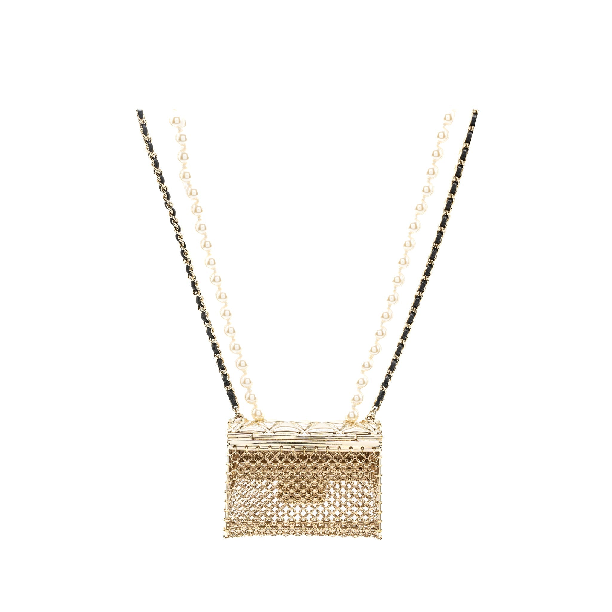 CHANEL MICRO BAG NECKLACE PEARL/ LEATHER CHAIN LGHW