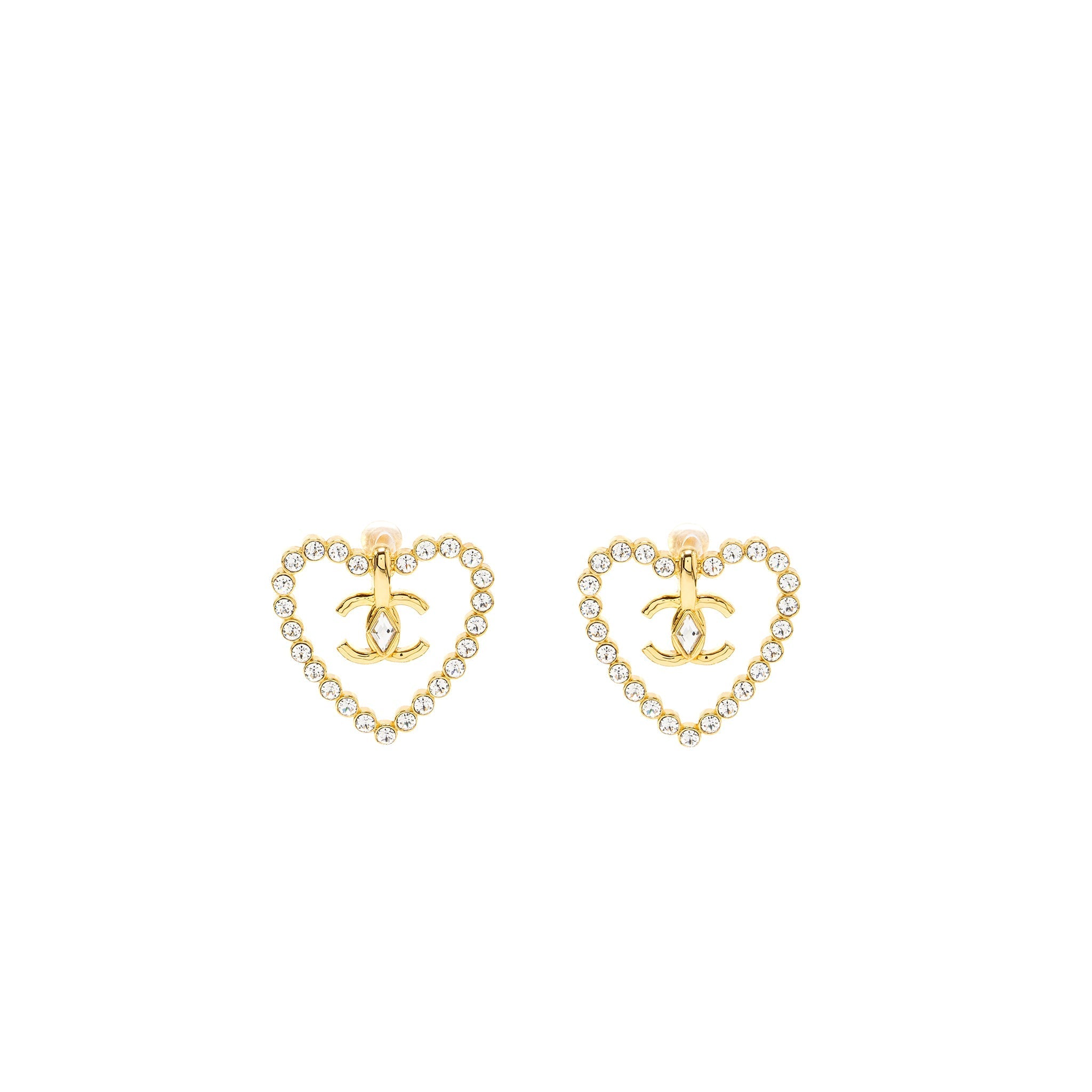 CHANEL GIANT HEART AND CC LOGO EAR CLIPS WITH CRYSTAL GOLD TONE
