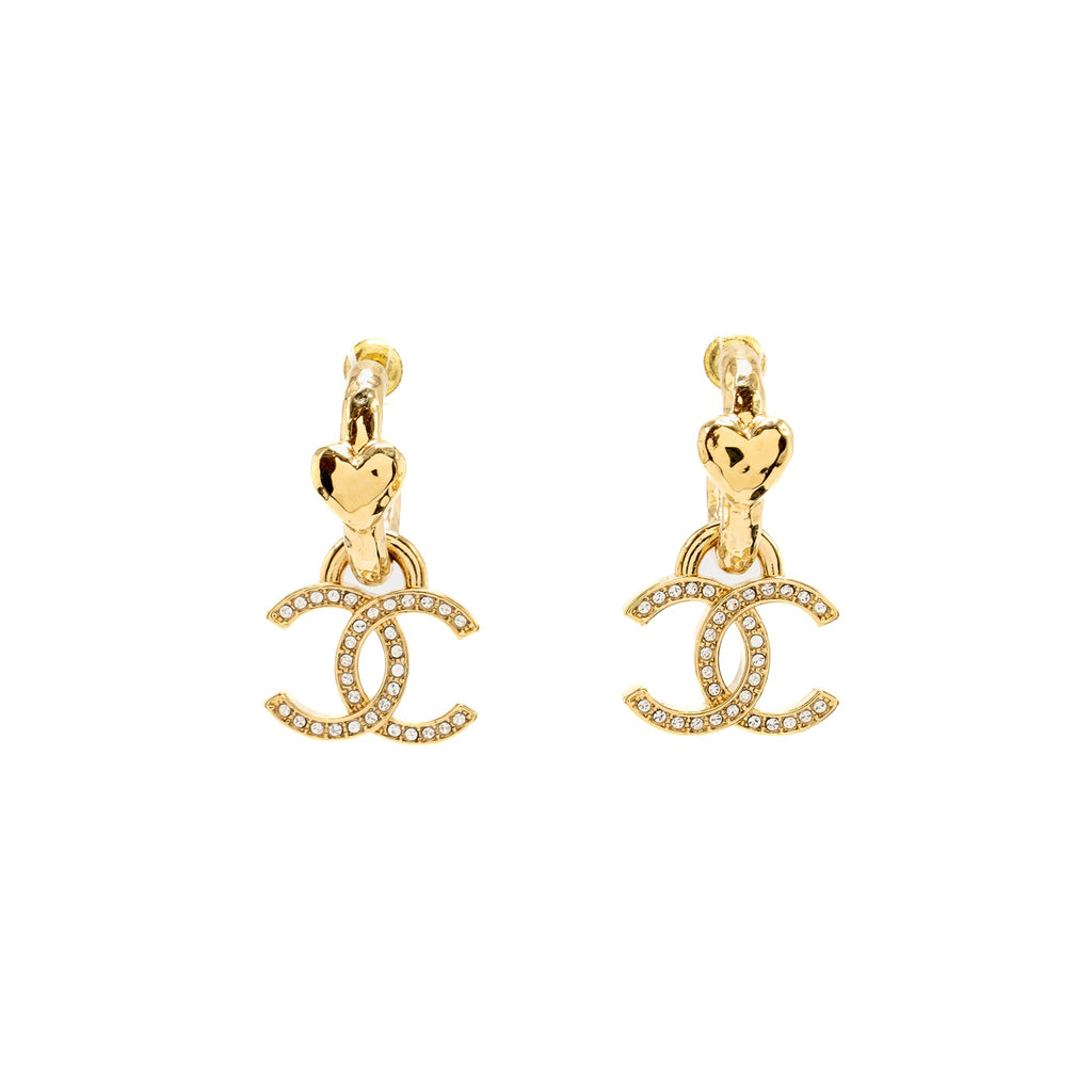 CHANEL CC DROP HEART HOOP EARRINGS CRYSTAL GOLD TONE