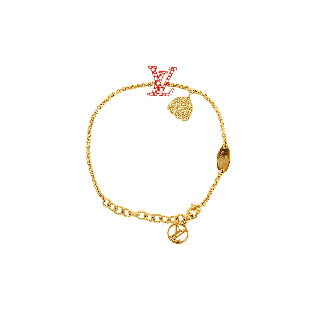 LOUIS VUITTON X YAYOI KUSAMA INFINITY DOTS WITH PUMPKIN CHARM NECKLACE, BRACELET, EARRINGS RED GOLD TONE (SELL IN A SET)