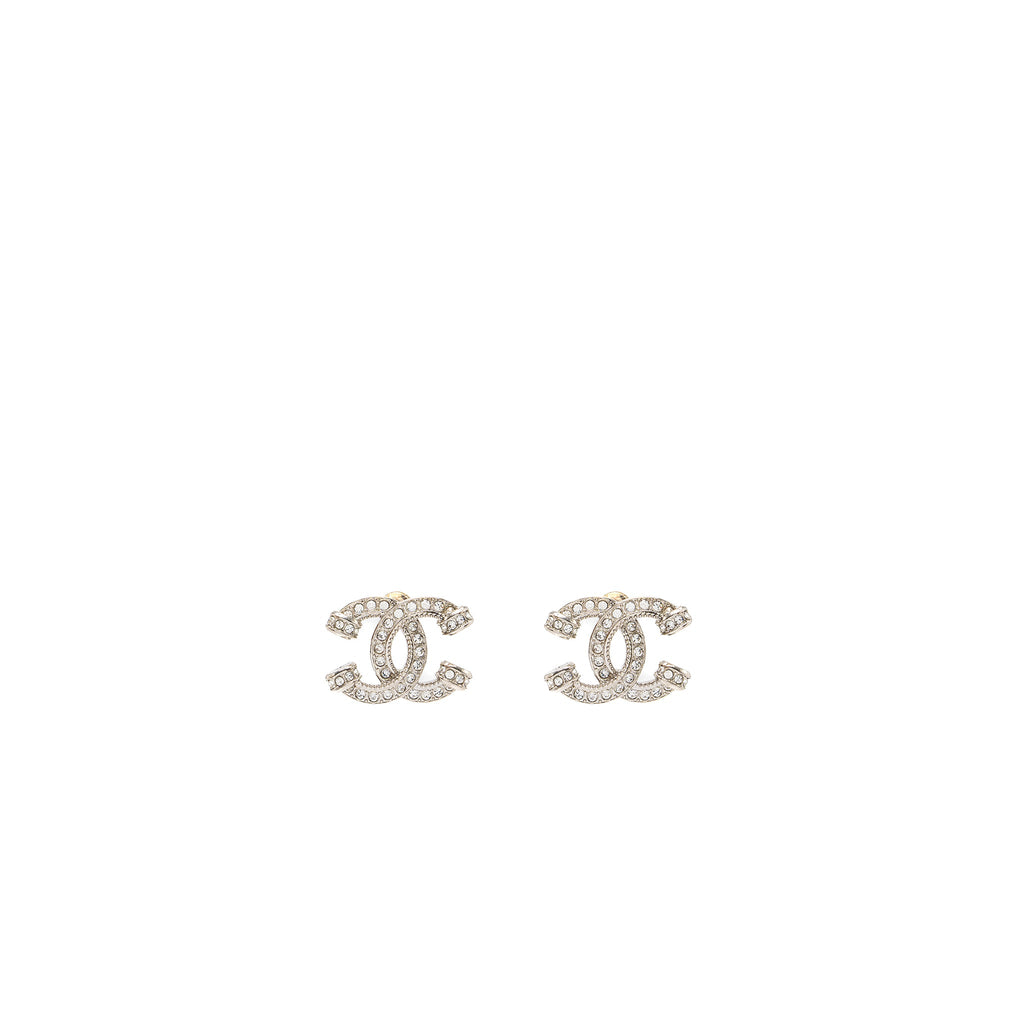CHANEL KNOT CC LOGO EARRINGS CRYSTAL SILVER TONE