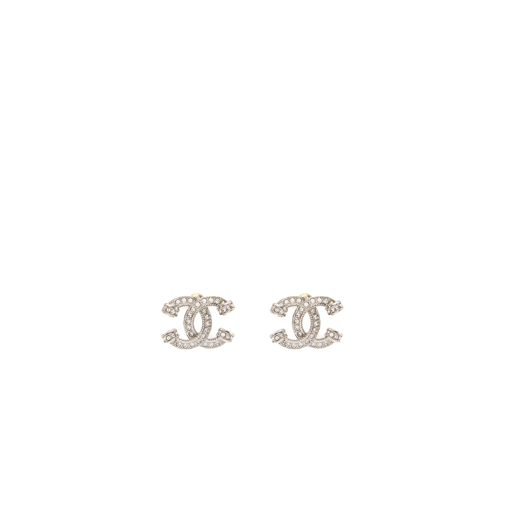 CHANEL KNOT CC LOGO EARRINGS CRYSTAL SILVER TONE