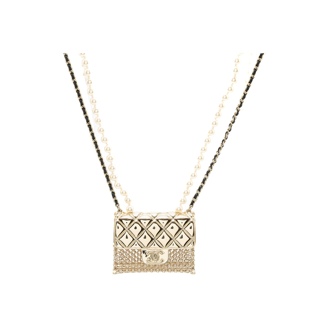 CHANEL MICRO BAG NECKLACE PEARL/ LEATHER CHAIN LGHW