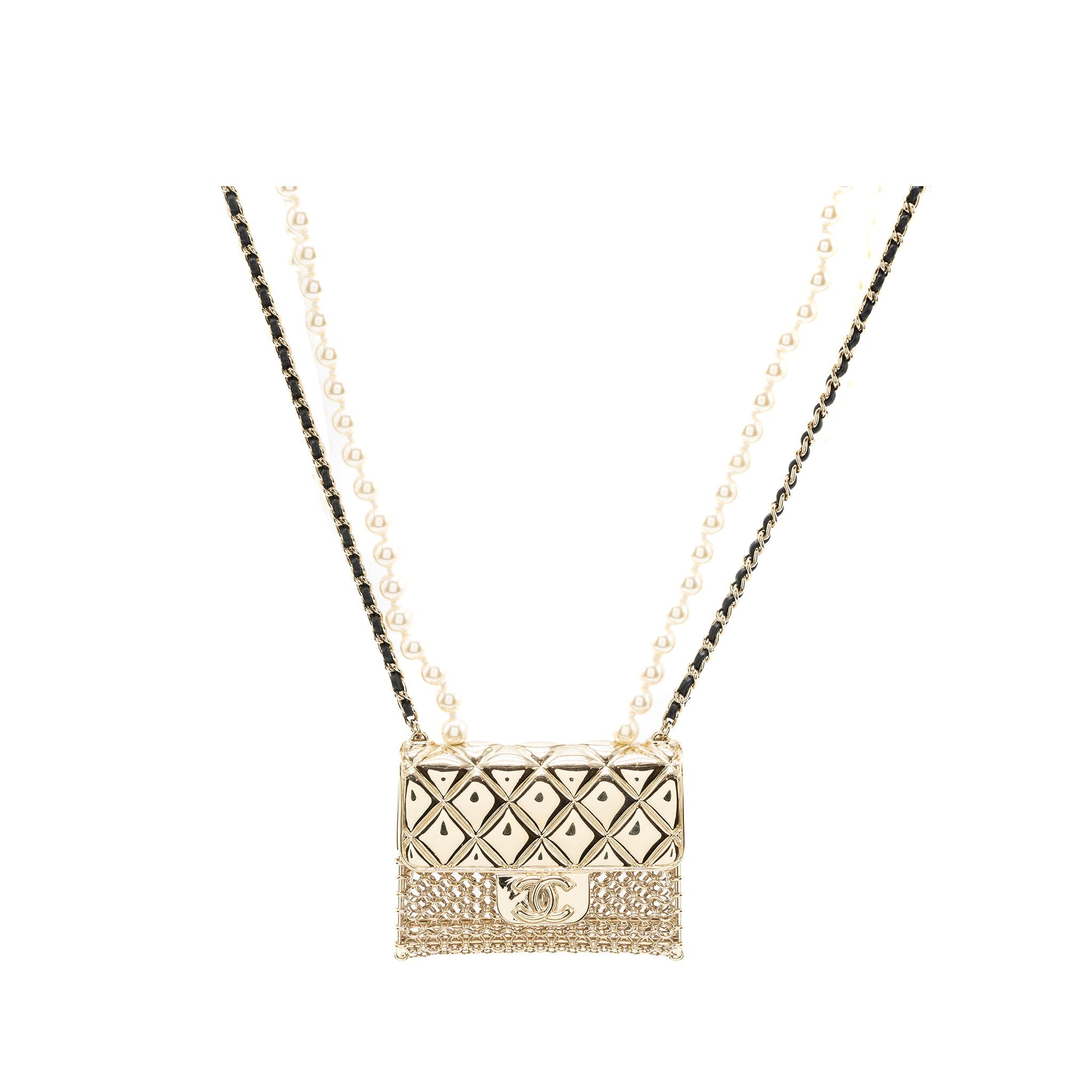 CHANEL MICRO BAG NECKLACE PEARL/ LEATHER CHAIN LGHW