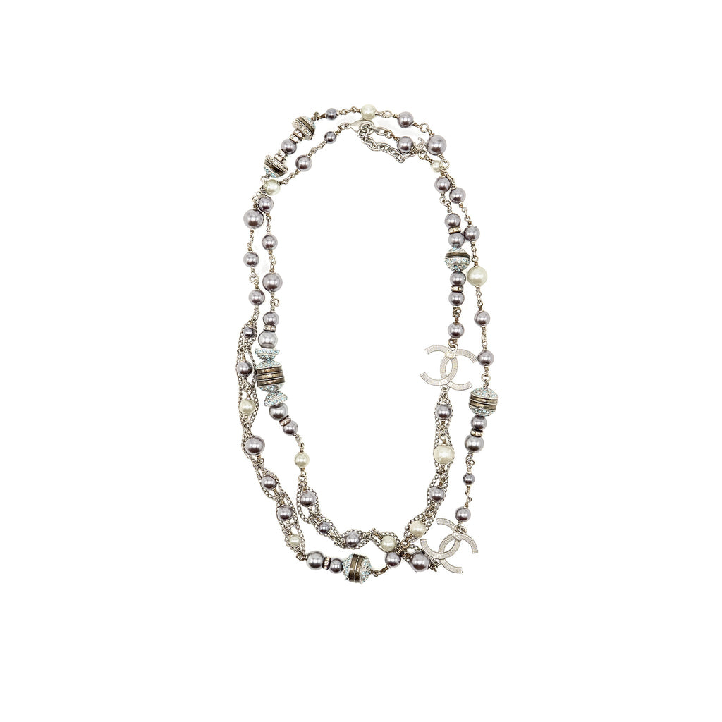 CHANEL CRYSTAL/PEARL CC LOGO LONG NECKLACE SILVER TONE