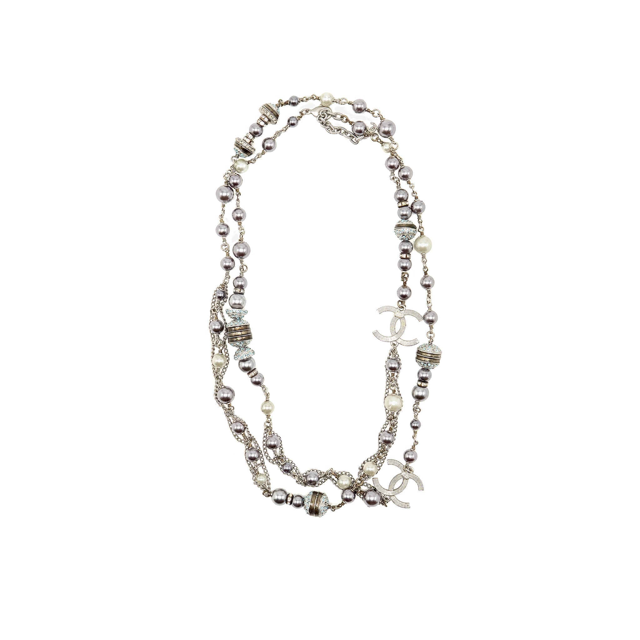 CHANEL CRYSTAL/PEARL CC LOGO LONG NECKLACE SILVER TONE