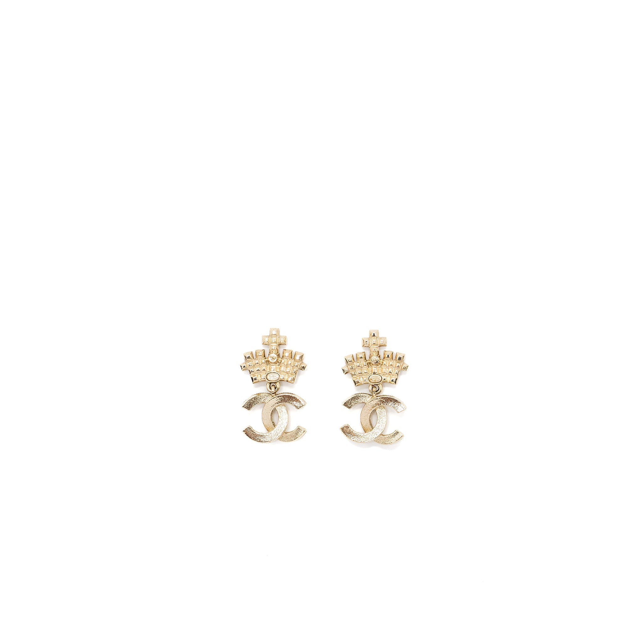 CHANEL CC LOGO DROP CROWN EARRINGS CRYSTAL/PEARL LIGHT GOLD TONE