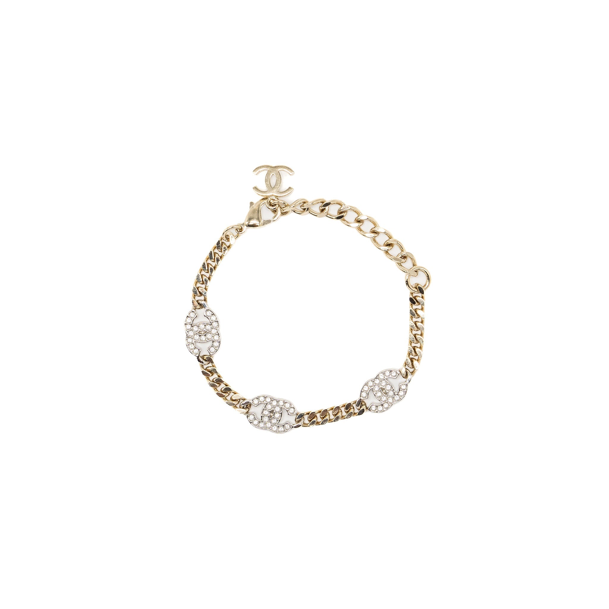 CHANEL CC LOGO BRACELET CRYSTAL LIGHT GOLD TONE