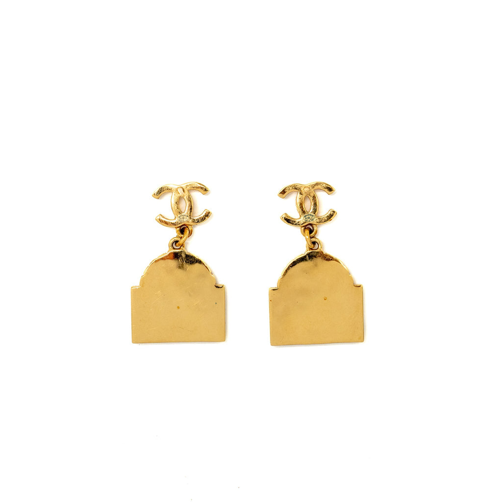 CHANEL CC LOGO RUE CAMBON DROP EARRINGS GOLD TONE