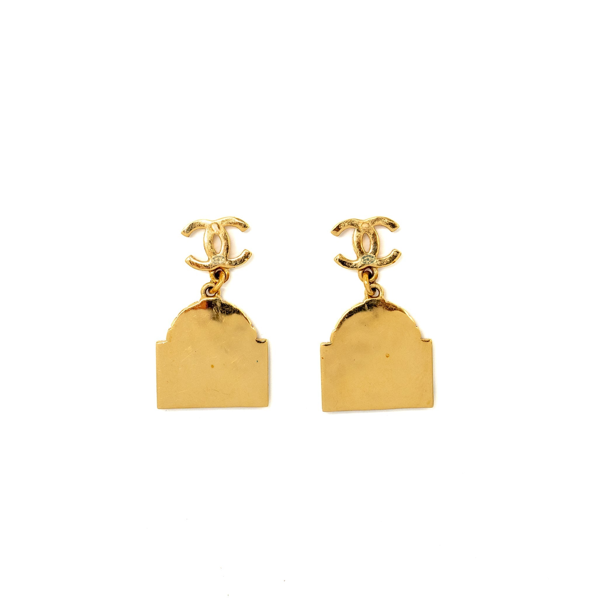 CHANEL CC LOGO RUE CAMBON DROP EARRINGS GOLD TONE