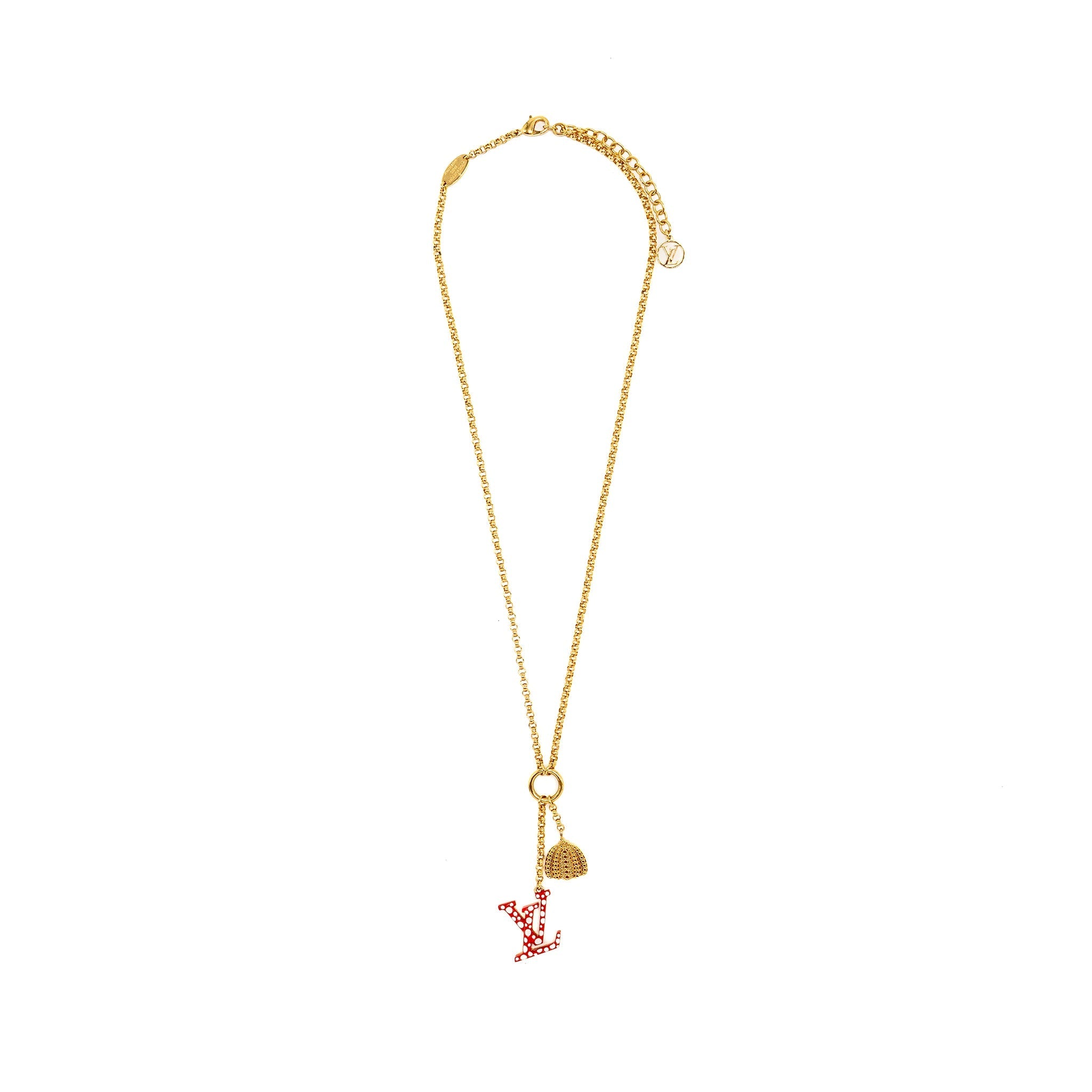 LOUIS VUITTON X YAYOI KUSAMA INFINITY DOTS WITH PUMPKIN CHARM NECKLACE, BRACELET, EARRINGS RED GOLD TONE (SELL IN A SET)