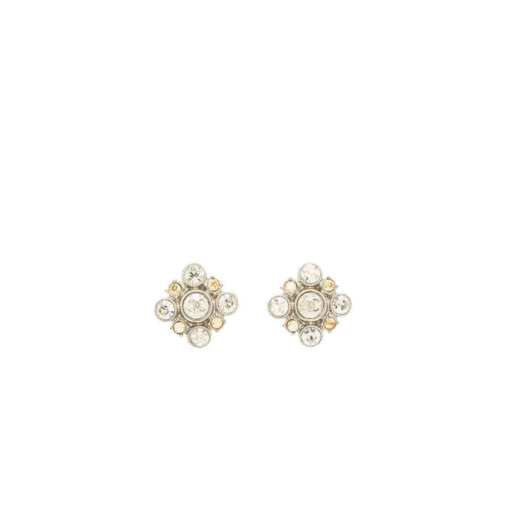 CHANEL QUILTED EARRING CRYSTAL SILVER TONE