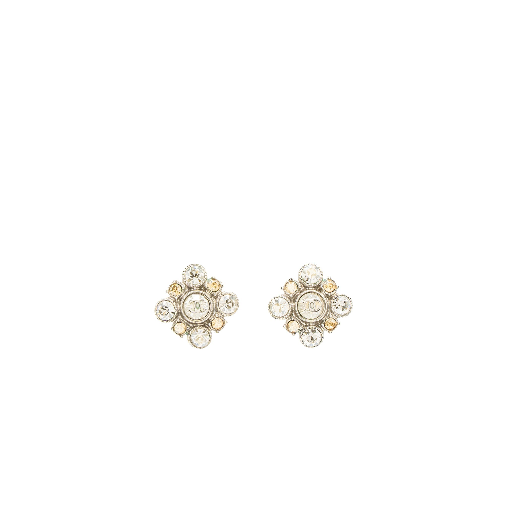 CHANEL QUILTED EARRING CRYSTAL SILVER TONE