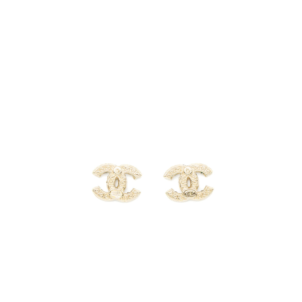 CHANEL CLASSIC MINI CC LOGO EARRINGS PEARL/CRYSTAL LIGHT GOLD TONE
