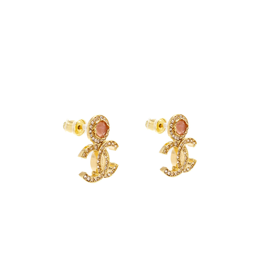 CHANEL CC LOGO EARRINGS PINK CRYSTAL GOLD TONE