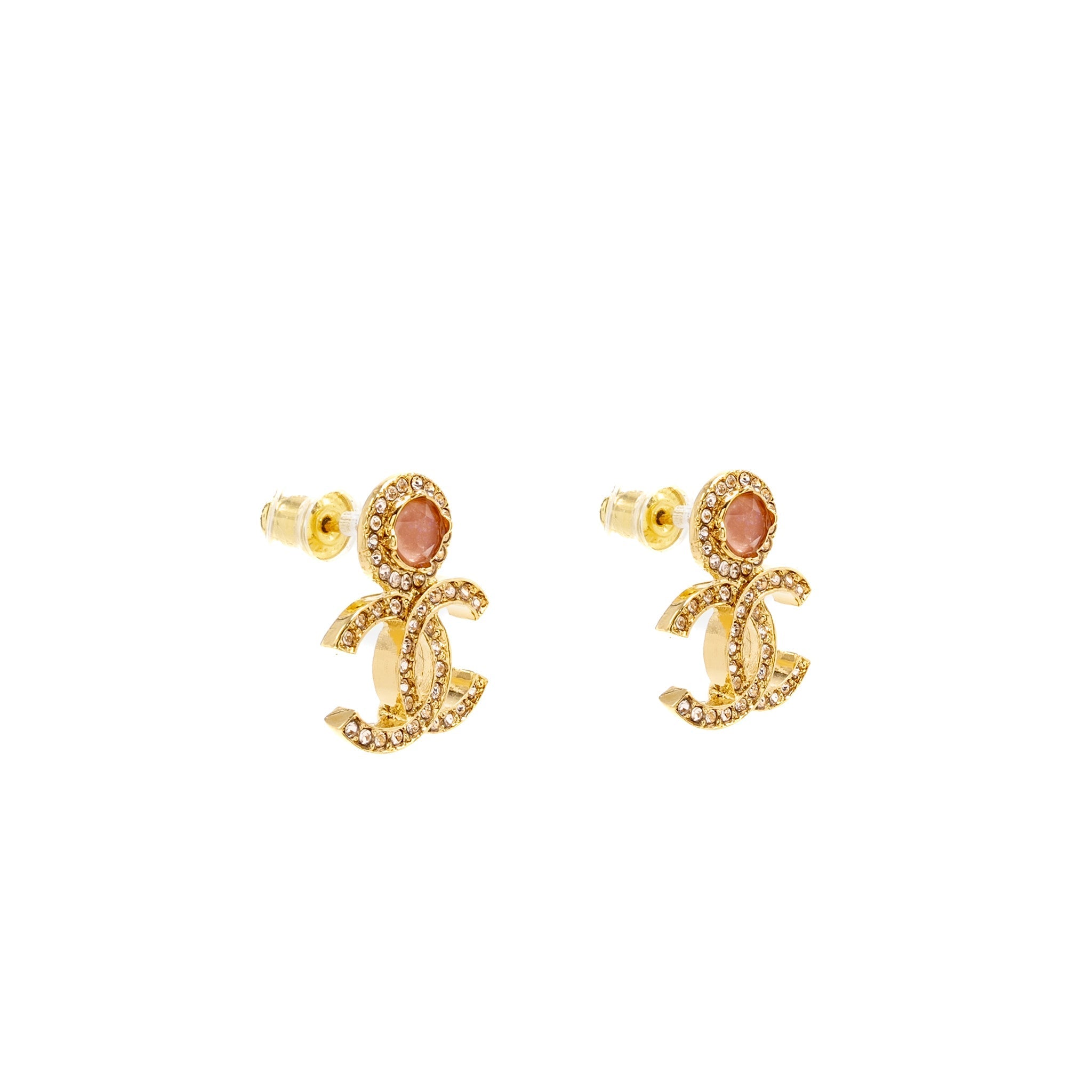 CHANEL CC LOGO EARRINGS PINK CRYSTAL GOLD TONE