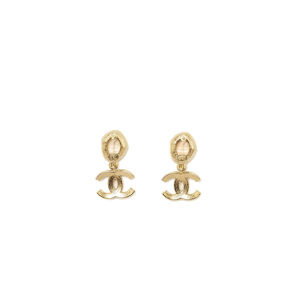 CHANEL PEARL CC LOGO DROP EARRINGS CRYSTAL LIGHT GOLD TONE
