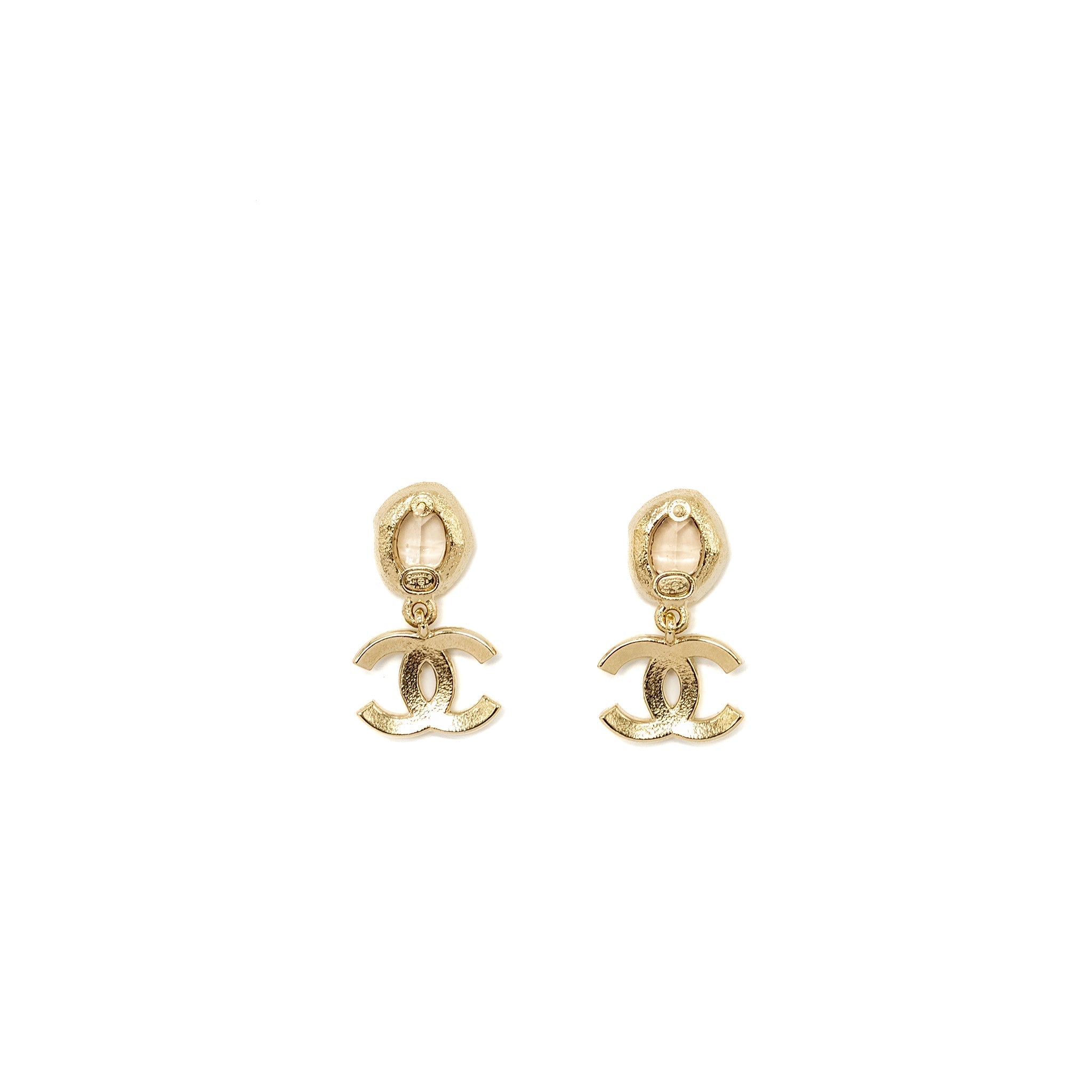 CHANEL PEARL CC LOGO DROP EARRINGS CRYSTAL LIGHT GOLD TONE