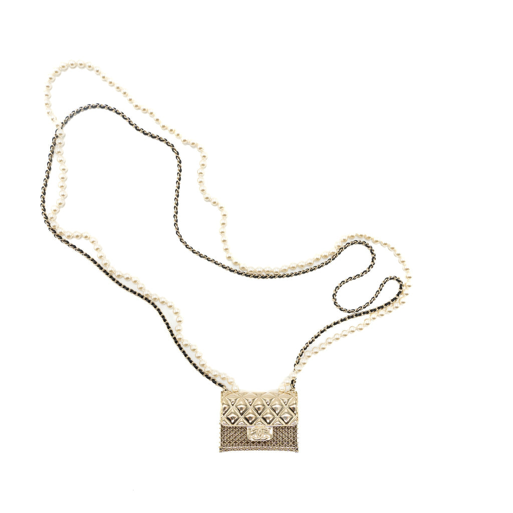 CHANEL MICRO BAG NECKLACE PEARL/ LEATHER CHAIN LGHW
