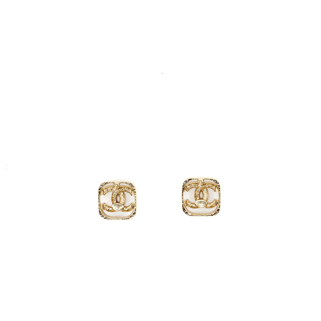 CHANEL SQUARE CC LOGO EARRINGS CRYSTAL LIGHT GOLD TONE