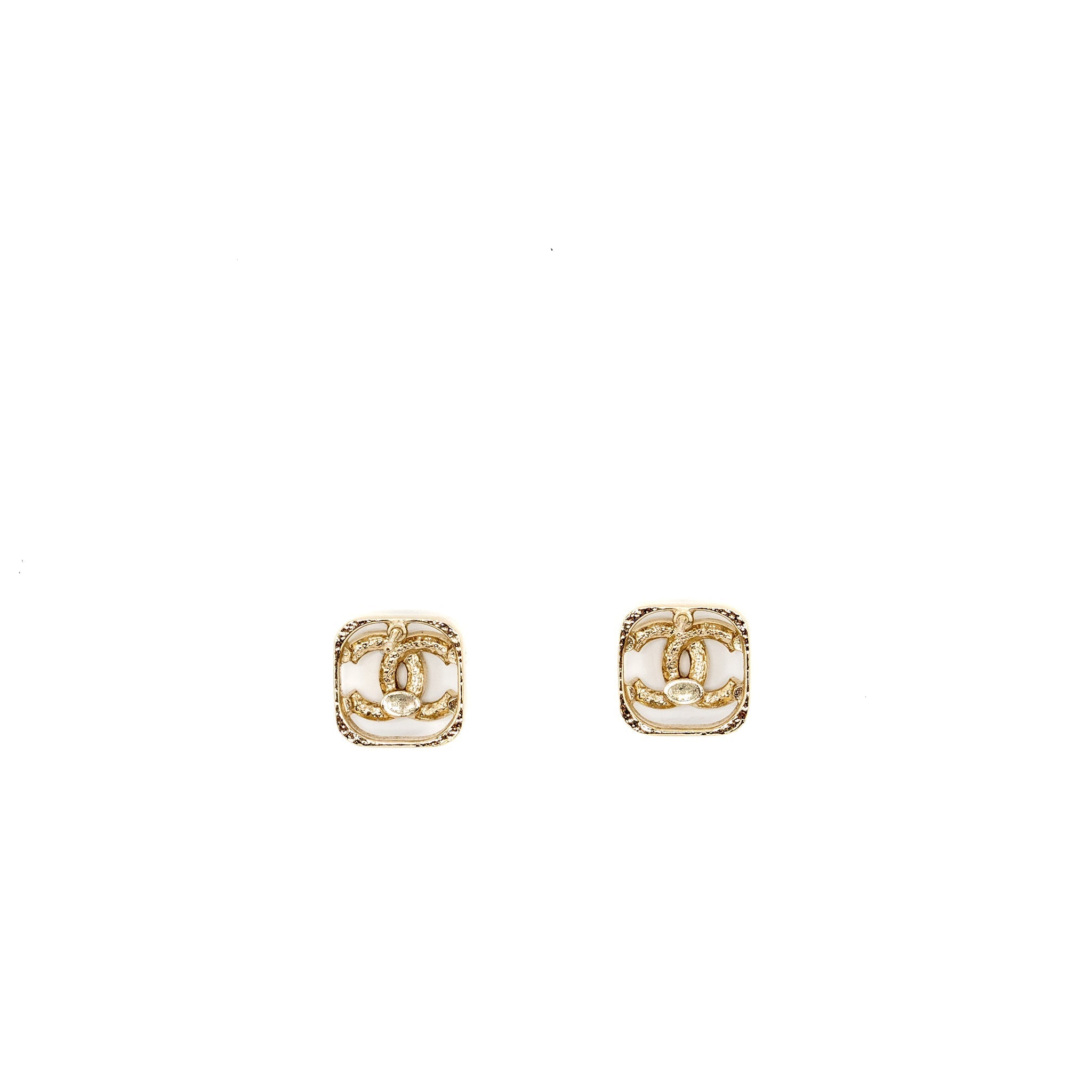 CHANEL SQUARE CC LOGO EARRINGS CRYSTAL LIGHT GOLD TONE
